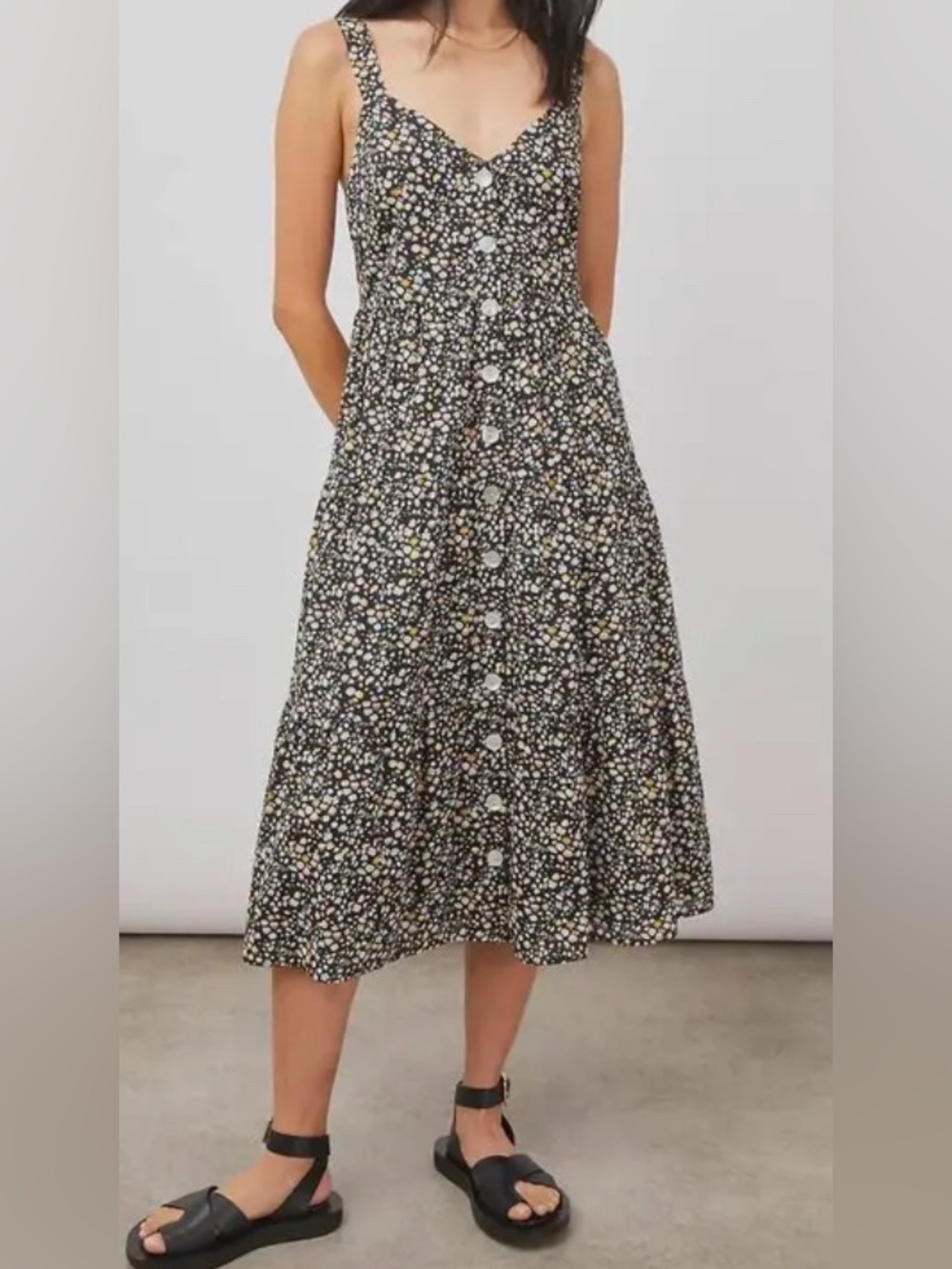 Rails Violet Dress in Black mini floral Button-Front Midi Cottage Prairie XL